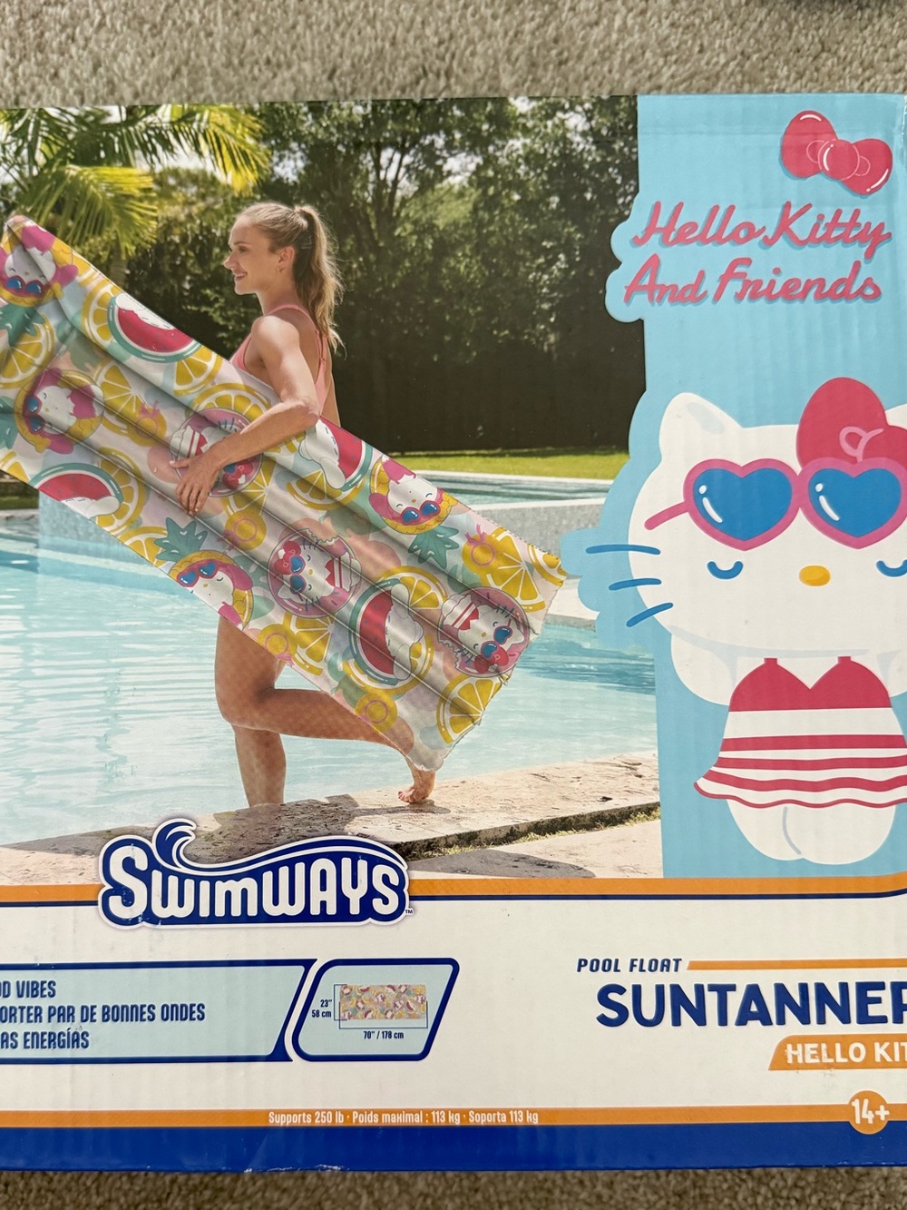 Hello Kitty Multicolor Inflatable Sun Tanner Float with Pink Accents In Box